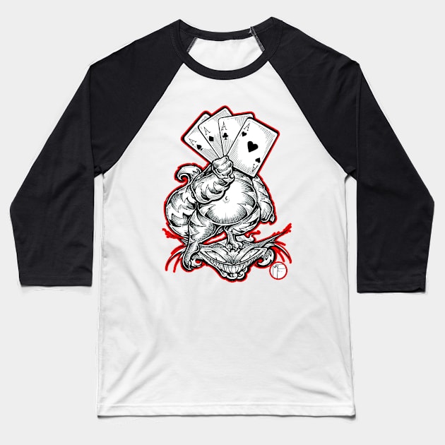 Cheshire Cat With Cards - Red Outline Baseball T-Shirt by Nat Ewert Art